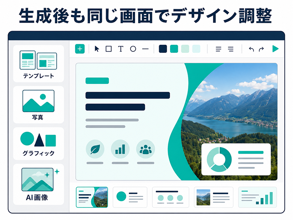テンプレート、写真、グラフィック、AI画像の素材パネルと、スライドのデザイン調整画面を示すイメージ。