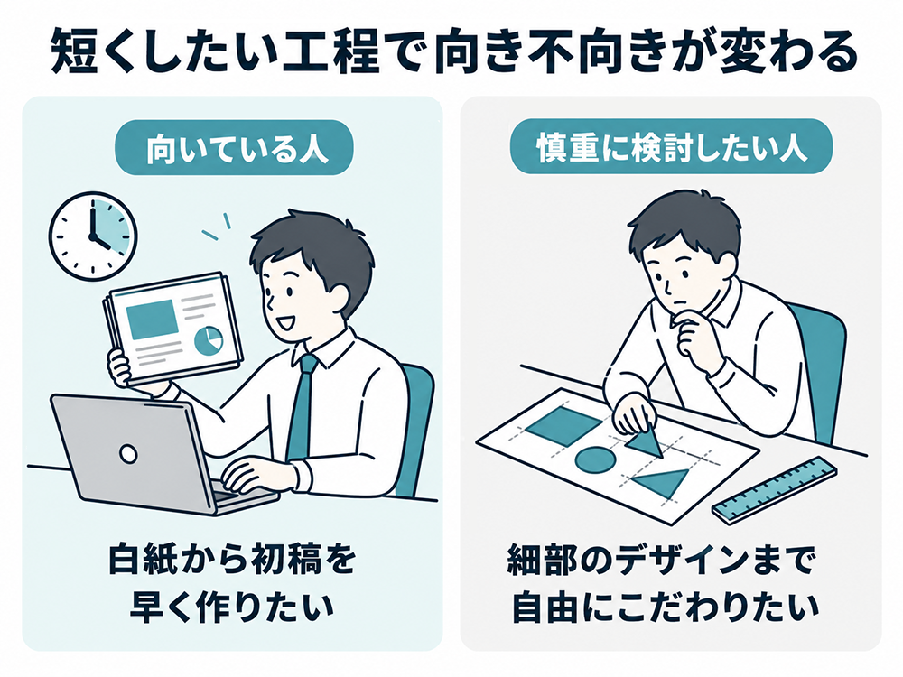 白紙から初稿を早く作りたい人には向き、細部のデザインまで自由にこだわりたい人は慎重に検討すべきことを対比した図。