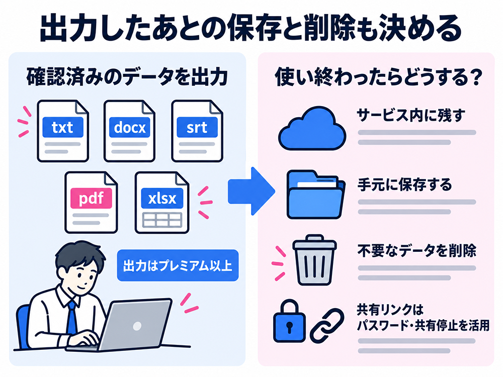 Nottaの確認済みデータをTXT・DOCX・SRT・PDF・XLSX形式で出力し、サービス内での保管、手元への保存、不要データの削除を決める。出力はプレミアム以上で、共有リンクにはパスワードや共有停止を活用。
