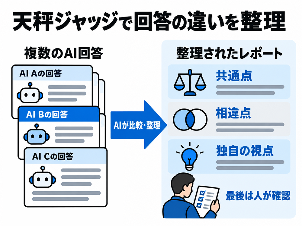 天秤ジャッジが複数AIの回答を比較し、共通点・相違点・独自の視点をレポートに整理する。最後は人が確認する。