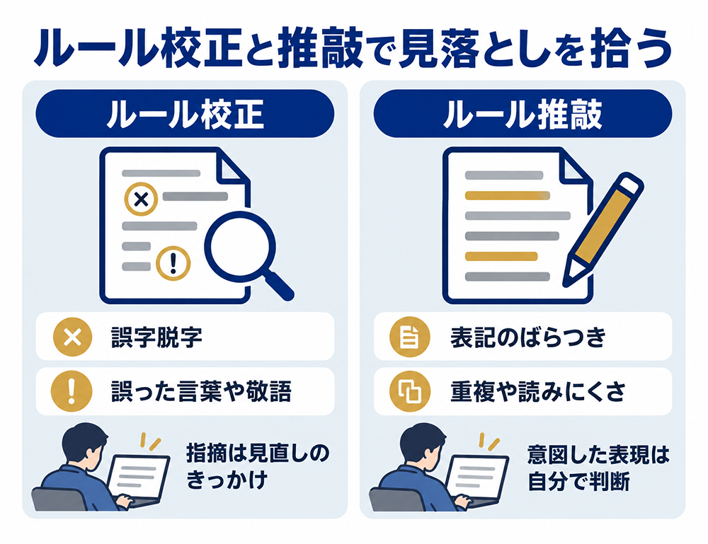文賢のルール校正は誤字脱字や誤った言葉・敬語を、ルール推敲は表記のばらつきや重複、読みにくさを確認する。指摘を見直しのきっかけにし、意図した表現は自分で判断する。