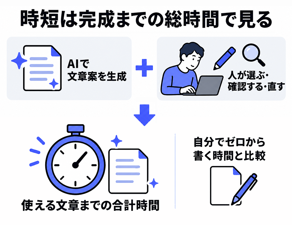 AIによる文章生成と、人による案の選択・確認・修正にかかる時間を合計し、自分でゼロから書く時間と比べて時短効果を判断する。