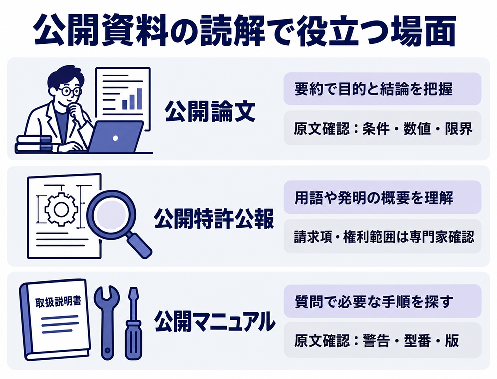 公開資料でのLanguise活用例。論文は要約後に条件・数値・限界を原文確認、特許公報は概要を理解して請求項・権利範囲を専門家確認、マニュアルは質問で手順を探して警告・型番・版を原文確認。