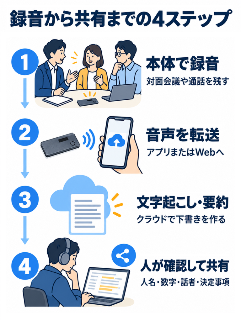 Notta Memoで録音から共有までの4ステップ。本体で録音、アプリまたはWebへ音声を転送、クラウドで文字起こし・要約、人が人名・数字・話者・決定事項を確認して共有する。