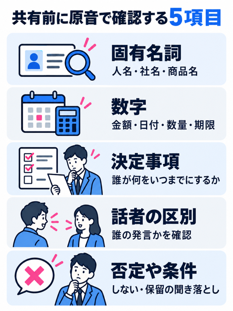 文字起こしを共有する前に原音で確認する5項目。人名・社名・商品名などの固有名詞、金額・日付・数量・期限などの数字、決定事項、話者の区別、否定や保留などの条件。