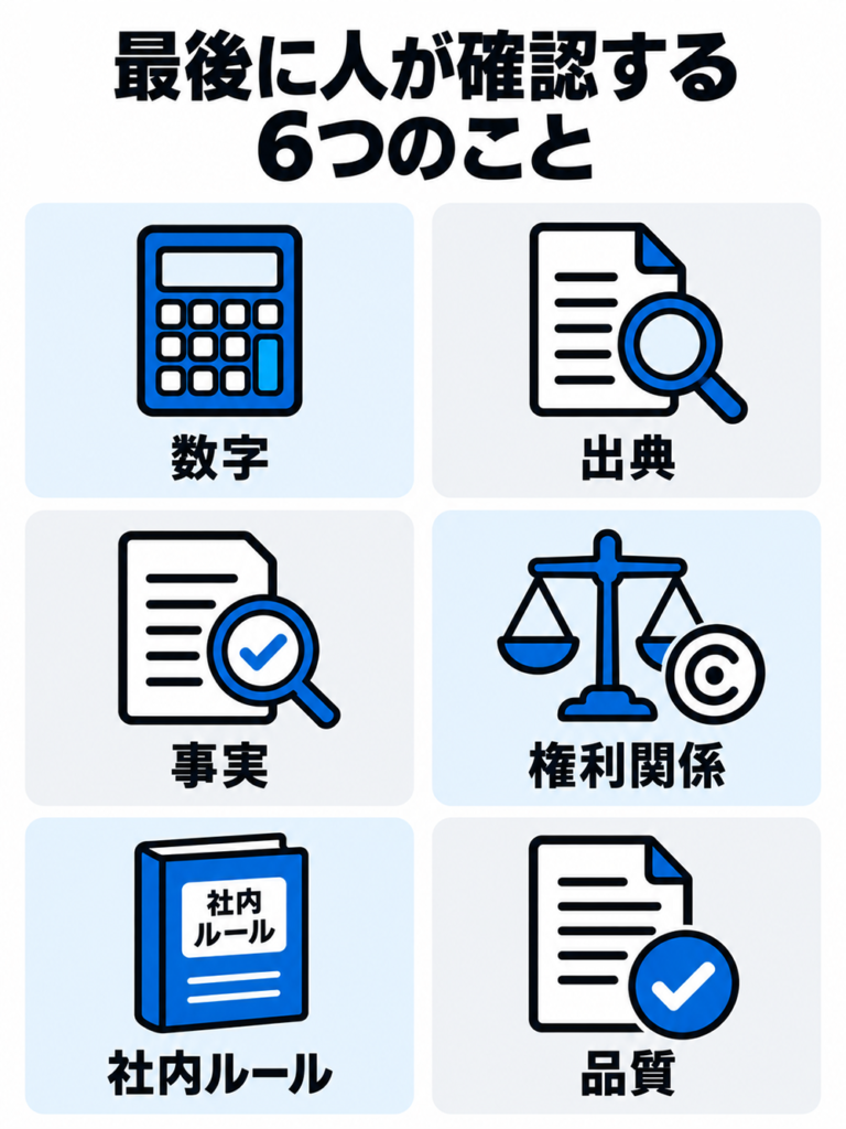 AIの回答で最後に人が確認する6項目:数字・出典・事実・権利関係・社内ルール・品質。