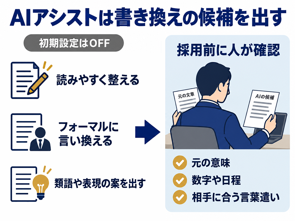 文賢のAIアシストは初期設定ではOFF。読みやすい表現、フォーマルな言い換え、類語などを提案する。採用前に、元の意味、数字や日程、相手に合う言葉遣いを人が確認する。