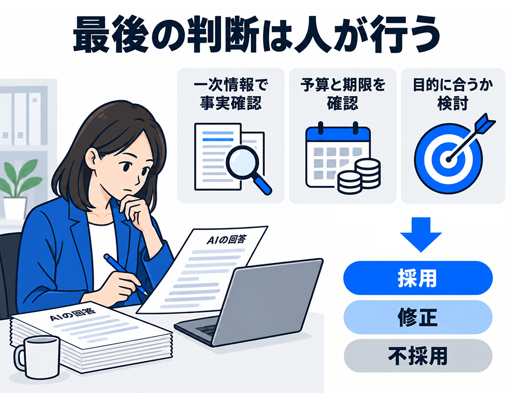 AIの回答を人が一次情報で事実確認し、予算と期限、目的への適合性を検討したうえで、採用・修正・不採用を最終判断する図