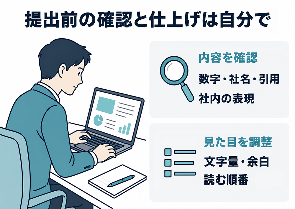 提出前に利用者が数字・社名・引用・社内表現を確認し、文字量・余白・読む順番を調整して仕上げるチェック項目。