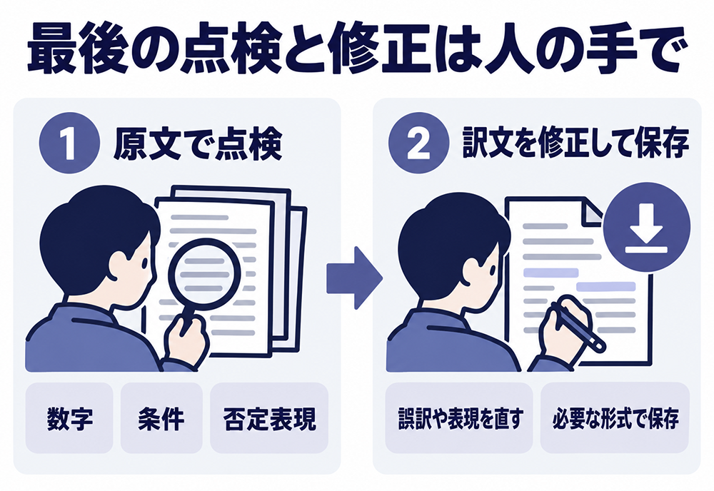 翻訳の最終確認は人が行う。原文で数字・条件・否定表現を点検し、訳文の誤訳や表現を修正して、必要な形式で保存する。