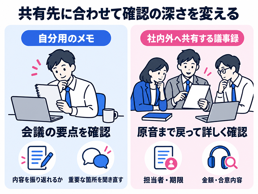 議事録の共有先に応じた確認の深さ。自分用のメモは会議の要点と重要箇所を確認し、社内外に共有する議事録は担当者・期限・金額・合意内容を原音まで戻って詳しく確認する。