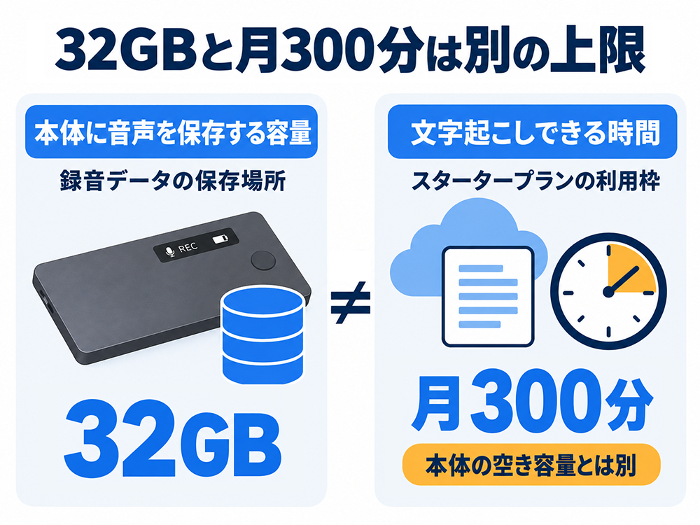 Notta Memoの本体容量32GBは音声の保存容量、スタータープランの月300分は文字起こしの利用枠。本体の空き容量と文字起こし時間は別の上限。