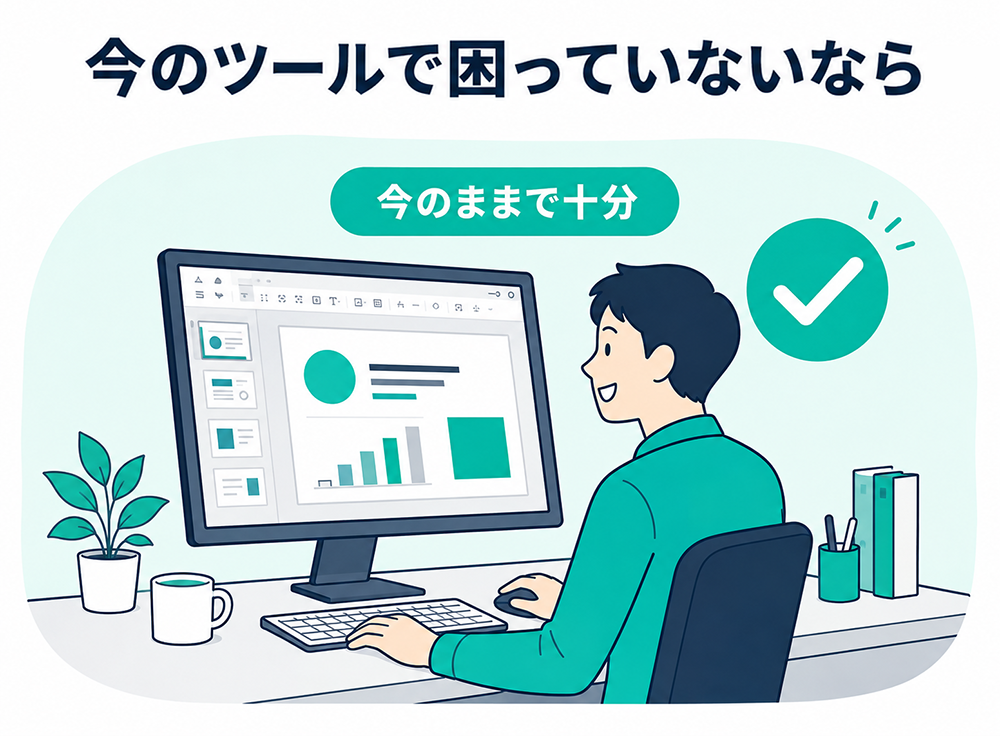 現在の資料作成ツールで困っていないなら、今のままで十分であることを示す、パソコンでスライドを編集する人物のイラスト。