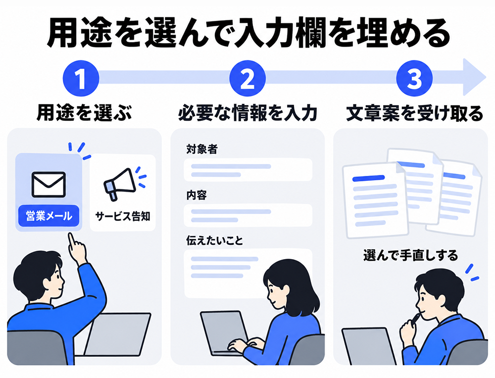 Catchyで文章案を作る3ステップ。営業メールなどの用途を選び、対象者・内容・伝えたいことを入力し、生成された案を選んで手直しする。