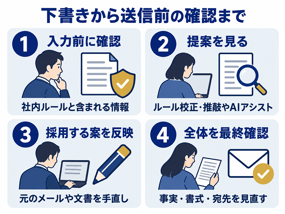 文賢を使う4ステップ。入力前に社内ルールと文章内の情報を確認し、校正・推敲やAIアシストの提案を見て、採用する案を元の文書に反映し、最後に事実・書式・宛先を確認する。
