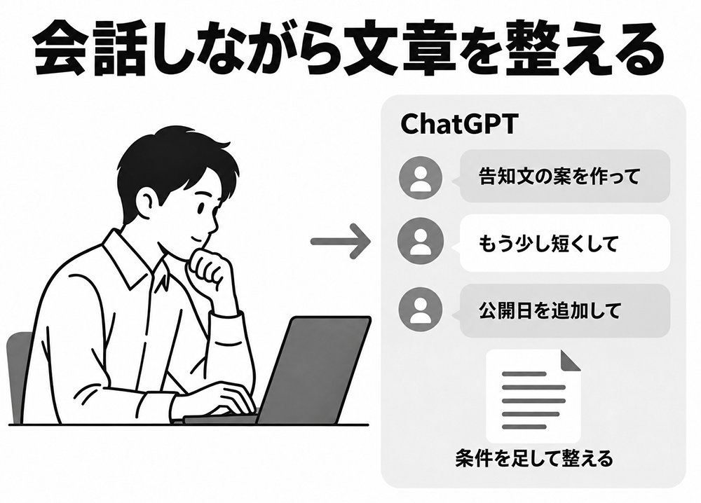 ChatGPTに告知文の作成を依頼し、「もう少し短くして」「公開日を追加して」と会話で条件を足しながら文章を整える例。