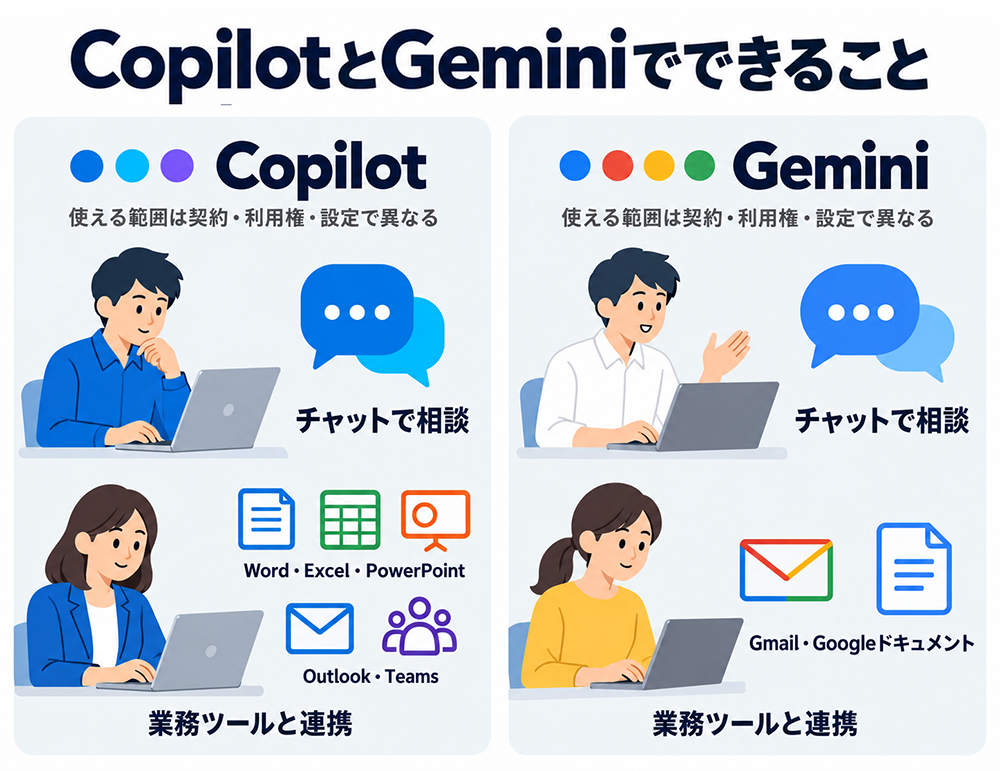 CopilotとGeminiの業務活用例。どちらもチャットで相談でき、CopilotはWord・Excel・PowerPoint・Outlook・Teams、GeminiはGmail・Googleドキュメントと連携。使える範囲は契約・利用権・設定で異なる。