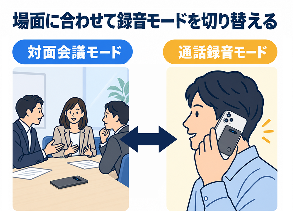 Notta Memoは場面に合わせて録音モードを切り替える。対面会議では机上に置く対面会議モード、電話ではスマホに装着する通話録音モードを使う。