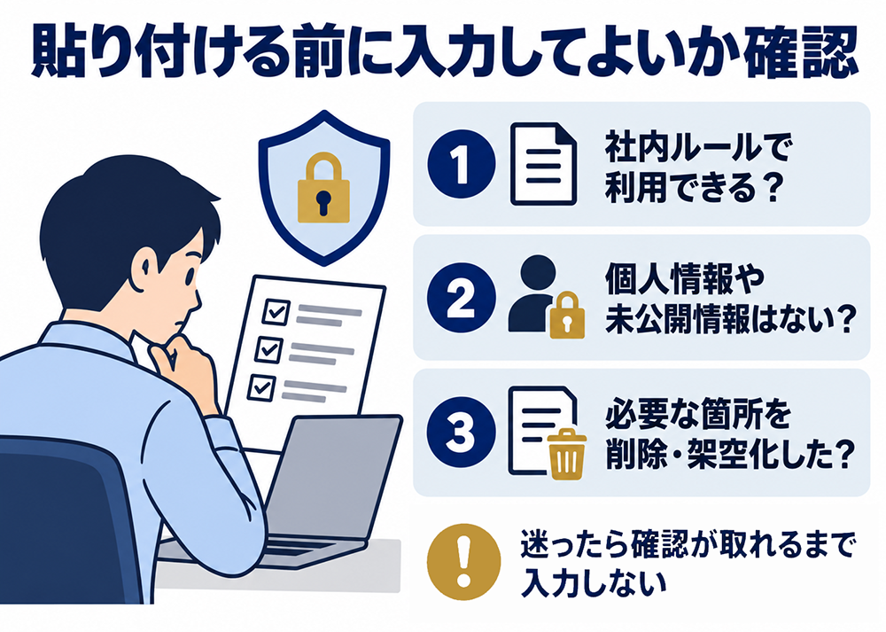 文章を貼り付ける前の確認項目。社内ルールで利用できるか、個人情報や未公開情報がないか、必要な箇所を削除・架空化したかを確認し、判断に迷う場合は確認が取れるまで入力しない。