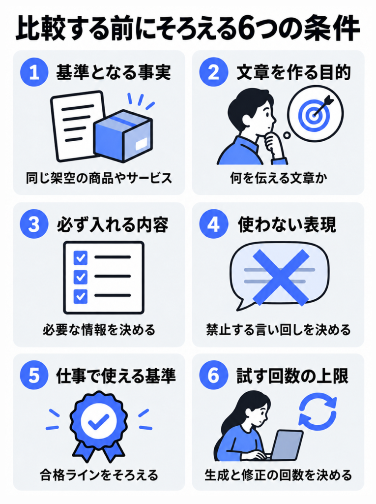 文章作成ツールを比較する前にそろえる6条件。基準となる事実、文章の目的、必須の内容、使わない表現、仕事で使える合格基準、生成と修正の回数の上限。