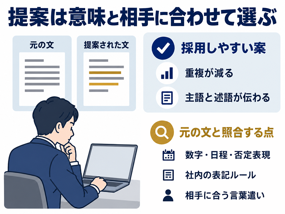 文賢の提案は元の意味と相手に合わせて選ぶ。重複が減り、主語と述語が伝わる案を検討し、数字・日程・否定表現、社内の表記ルール、相手に合う言葉遣いを照合する。