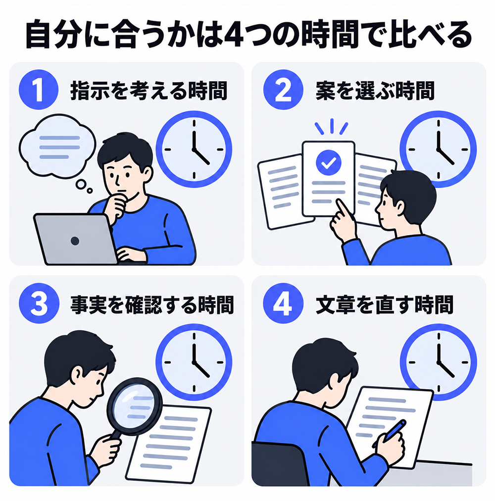 文章作成ツールが自分に合うかを比べる4つの時間。指示を考える時間、案を選ぶ時間、事実を確認する時間、文章を直す時間。