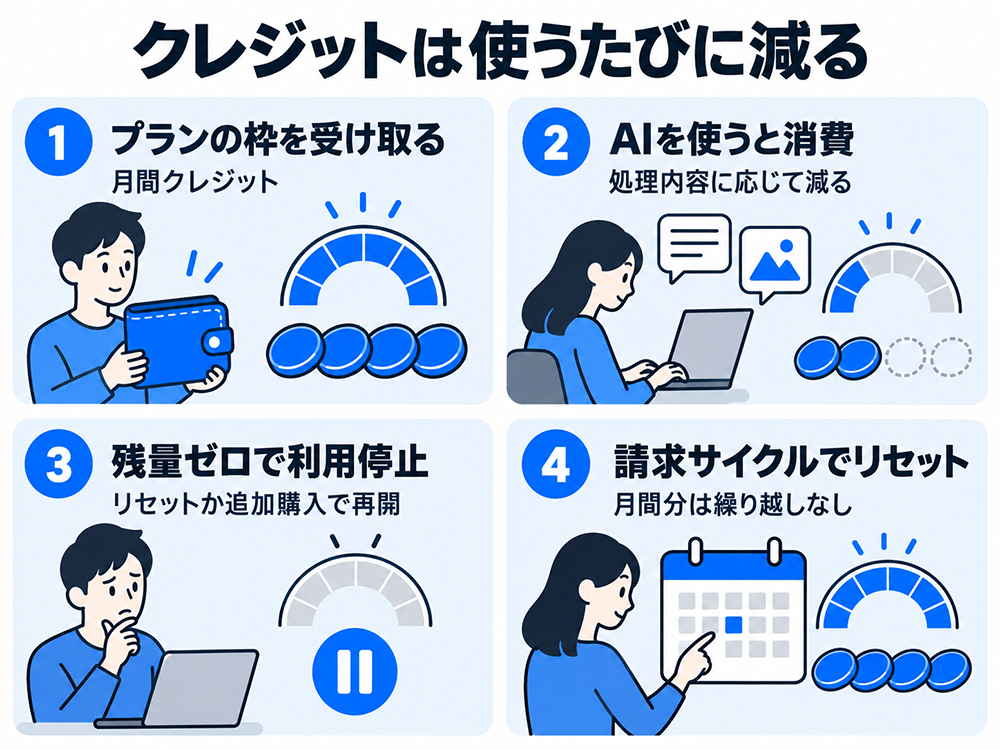 クレジットの仕組みを示す4段階の図。毎月プランの枠を受け取り、AIの処理内容に応じて消費し、残量がゼロになると利用停止。追加購入で再開でき、請求サイクルでリセットされ、月間分は繰り越されない。
