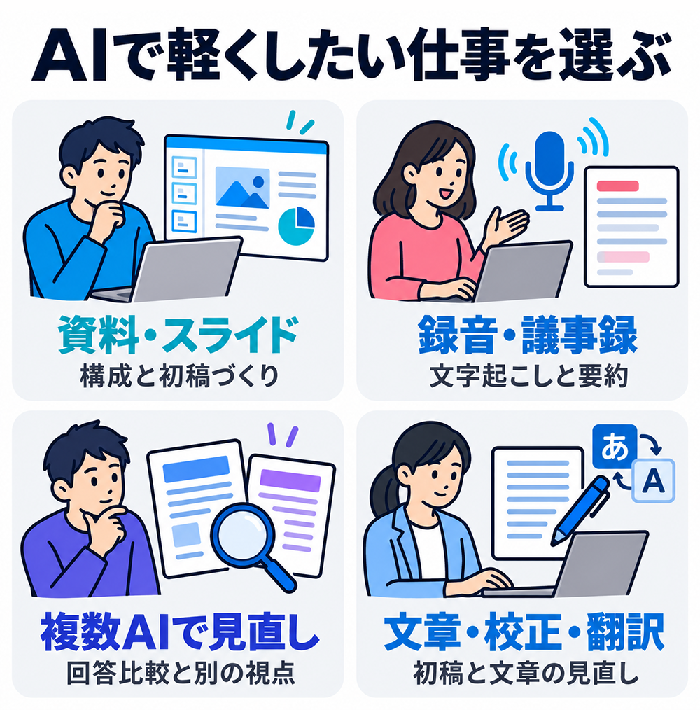 AIで負担を軽くする仕事の4分類：資料・スライドの構成と初稿、録音・議事録の文字起こしと要約、複数AIの回答比較による見直し、文章作成・校正・翻訳。