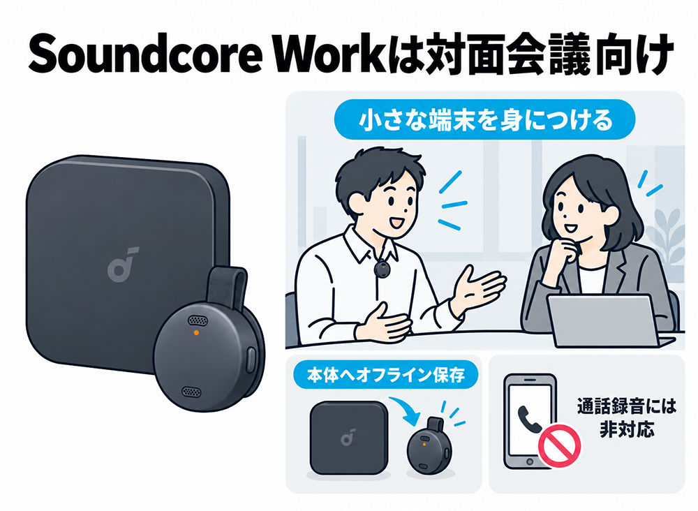 小型端末を身につけて対面会議を録音するSoundcore Work。音声を本体にオフライン保存でき、通話録音には非対応。