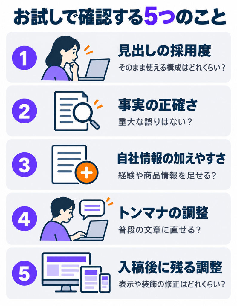 お試しで確認する5項目。見出しの採用度、事実の正確さ、自社情報の加えやすさ、文体・トーンの調整のしやすさ、入稿後に残る表示や装飾の修正量。