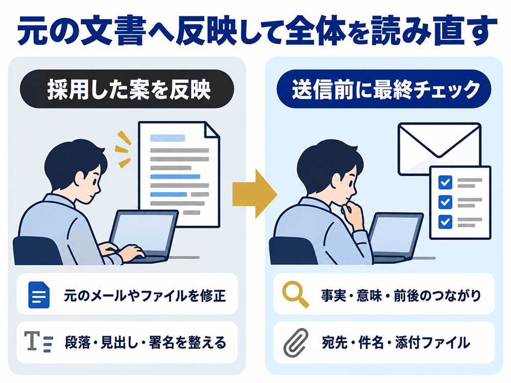 採用した修正案を元のメールやファイルに反映し、段落・見出し・署名を整える。送信前に全文を読み直し、事実・意味・前後のつながり、宛先・件名・添付ファイルを最終確認する。