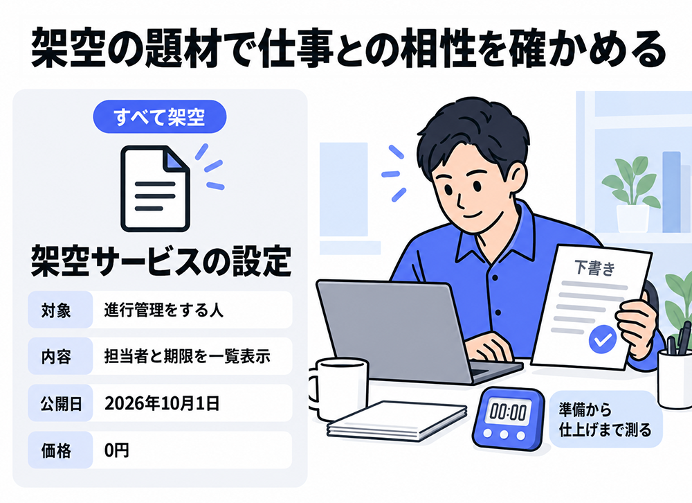 架空の進行管理サービスで文章作成を試す例。担当者と期限を一覧表示し、公開日は2026年10月1日、価格は0円と設定。準備から仕上げまでの時間を測る。