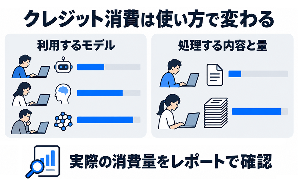 クレジット消費量は利用するAIモデルと、処理する内容・量によって変わるため、実際の消費量をレポートで確認するよう促す図。