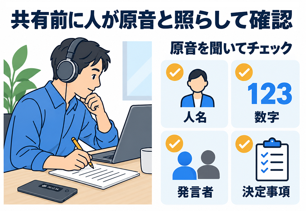 Nottaの文字起こし結果を共有する前に、人が原音を聞きながら人名・数字・発言者・決定事項を照合して確認する。