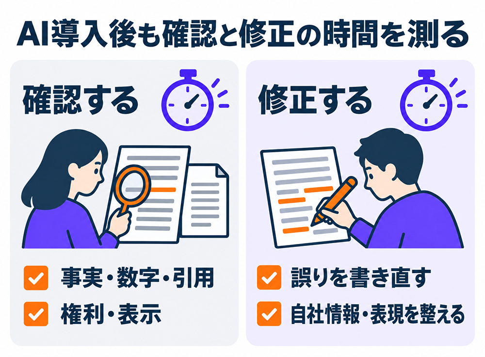 AI導入後も確認と修正の時間を測る。事実・数字・引用・権利・表示を確認し、誤りの書き直しや自社情報・表現の調整にかかる時間を把握する。