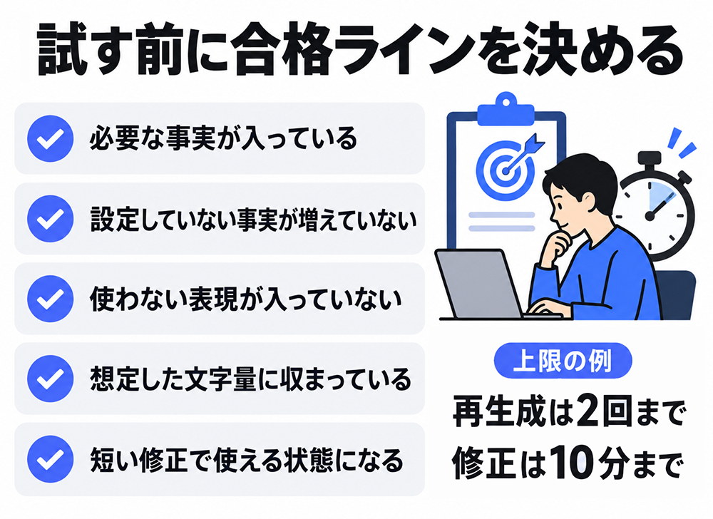試用前に決める合格基準。必要な事実が入り、未設定の事実や禁止表現がなく、想定した文字量で短い修正で使えること。上限の例は再生成2回、修正10分。
