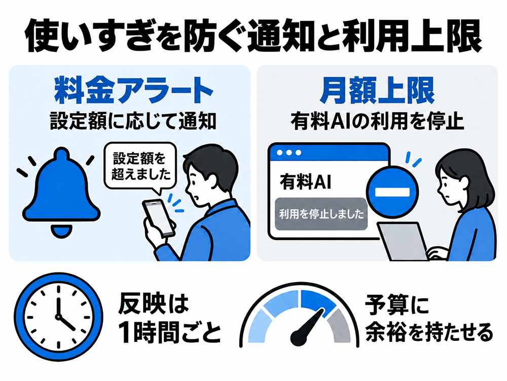 料金アラートは設定額に応じて通知し、月額上限は有料AIの利用を停止する。反映は1時間ごとのため、予算に余裕を持たせる。