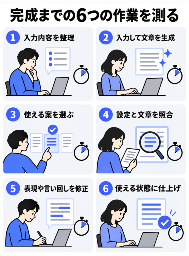 完成までの時間を測る6作業。入力内容の整理、入力と文章生成、案の選択、設定と文章の照合、表現や言い回しの修正、使える状態への仕上げ。