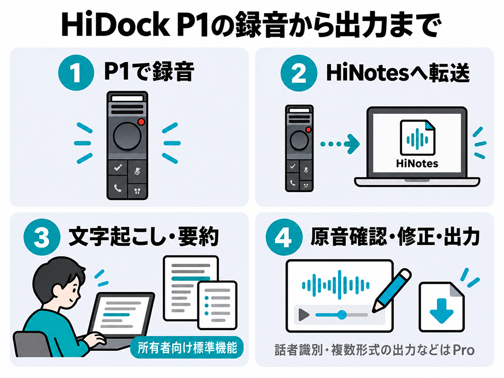 HiDock P1で録音し、HiNotesへ転送して文字起こし・要約。原音確認・修正後に出力する。文字起こし・要約は所有者向け標準機能で、話者識別や複数形式の出力などはProの機能。