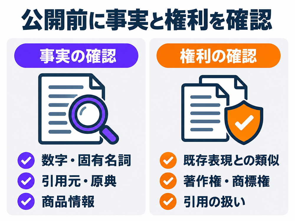 記事公開前の確認項目。事実面は数字・固有名詞、引用元・原典、商品情報。権利面は既存表現との類似、著作権・商標権、引用の扱い。