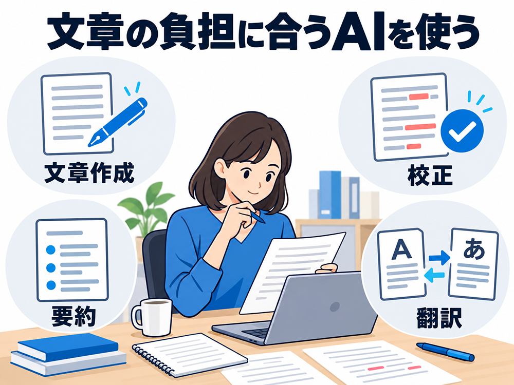 文章の仕事で負担を軽くしたい作業に合わせてAIを選ぶ。文章作成、要約、校正、翻訳の4つの用途。