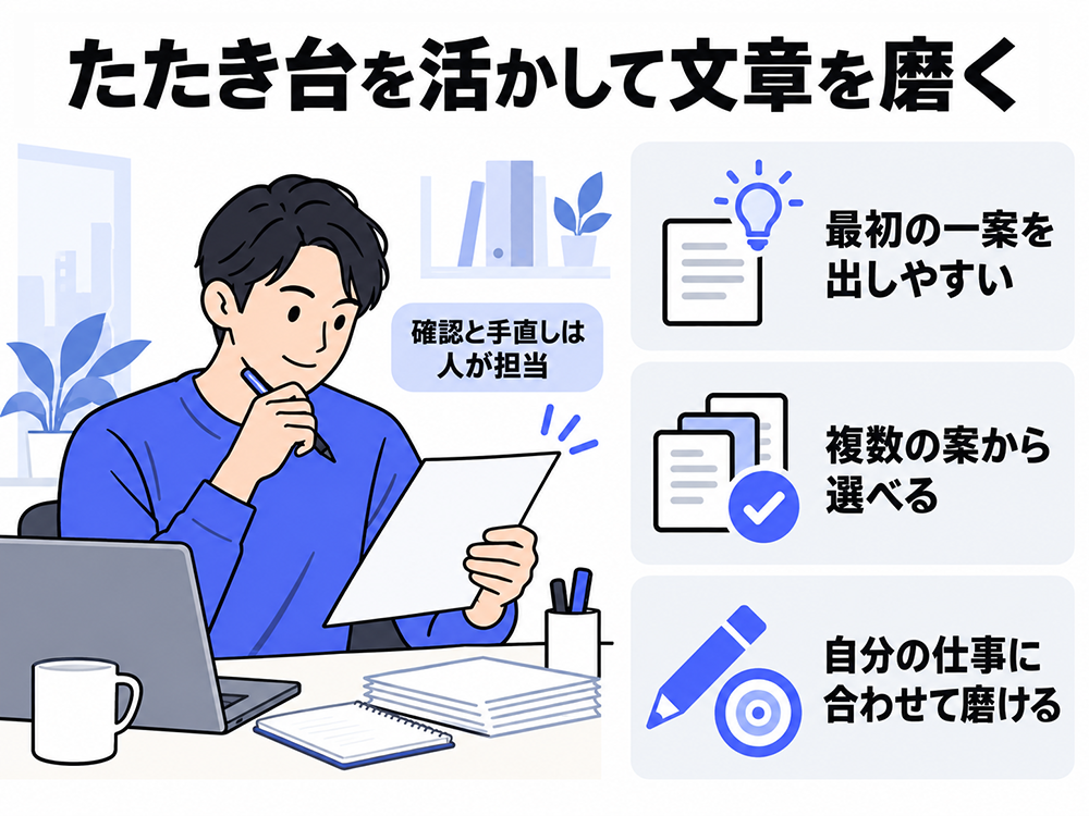 AIで最初の一案を出し、複数の候補から選んだたたき台を、自分の仕事に合わせて磨く。文章の確認と手直しは人が担当する。