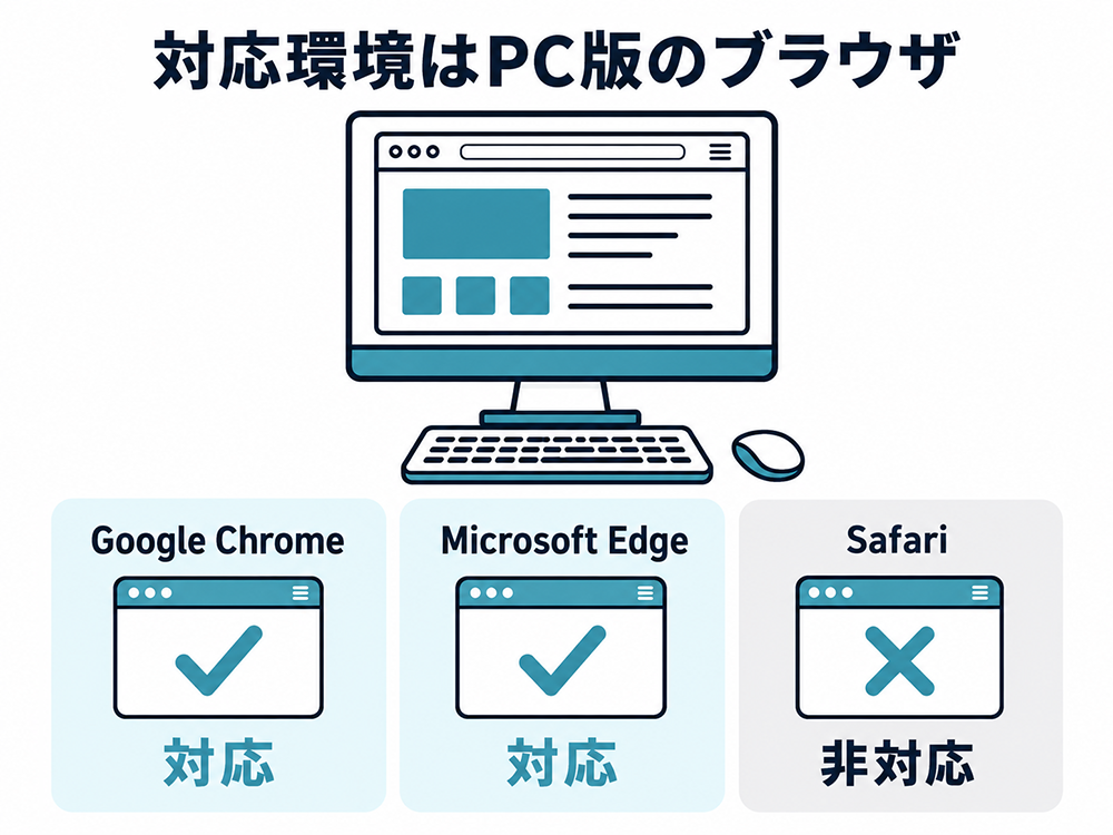 対応環境はPC版ブラウザで、Google ChromeとMicrosoft Edgeは対応、Safariは非対応であることを示す図。