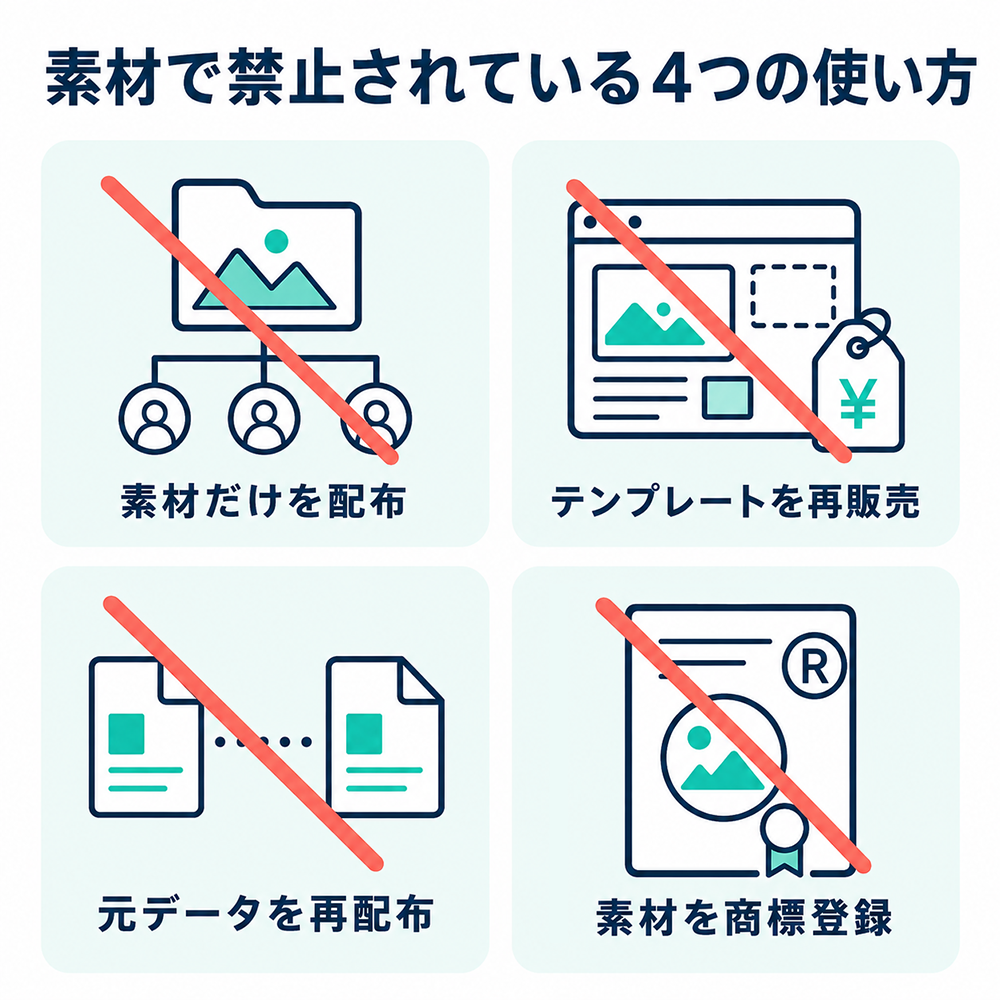 素材で禁止されている4つの使い方。素材だけの配布、テンプレートの再販売、元データの再配布、素材の商標登録。