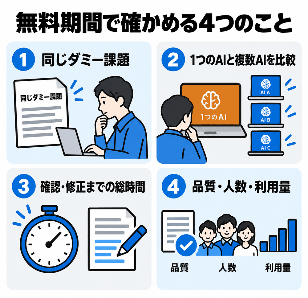 無料期間の確認項目:同じダミー課題を使う、1つのAIと複数AIを比較する、確認・修正までの総時間を測る、品質・人数・利用量を確認する。