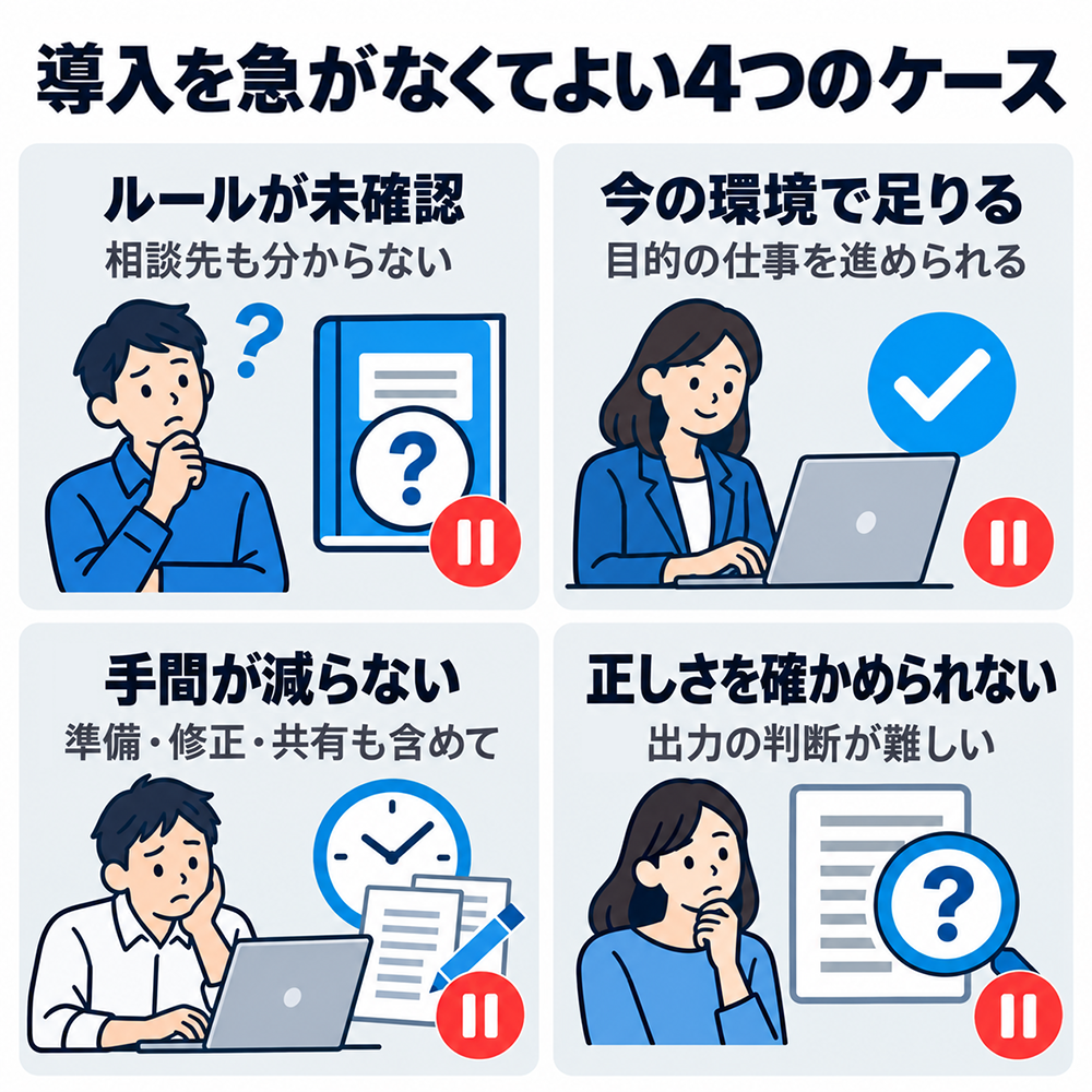 AIの導入を急がなくてよい4つのケース：利用ルールや相談先が不明、今の環境で仕事を進められる、準備・修正・共有を含めた手間が減らない、出力の正しさを確かめられない。