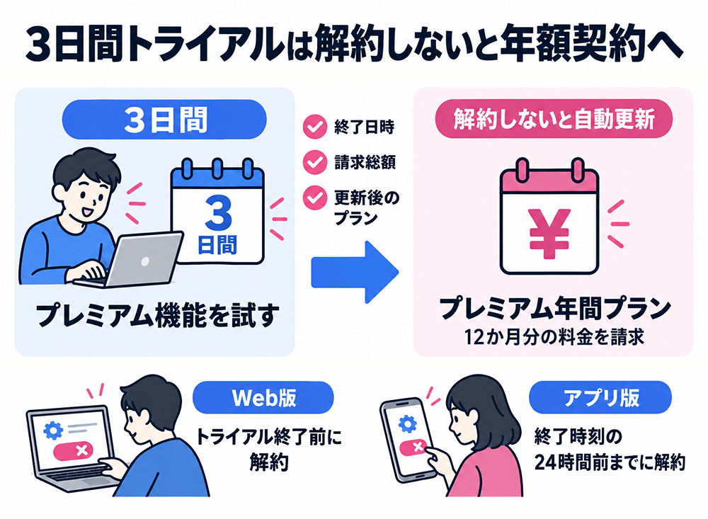 Nottaの3日間トライアルは解約しないとプレミアム年間プランへ自動更新され、12か月分が請求される。終了日時・請求総額・更新後のプランを確認し、Web版は終了前、アプリ版は終了時刻の24時間前までに解約する。