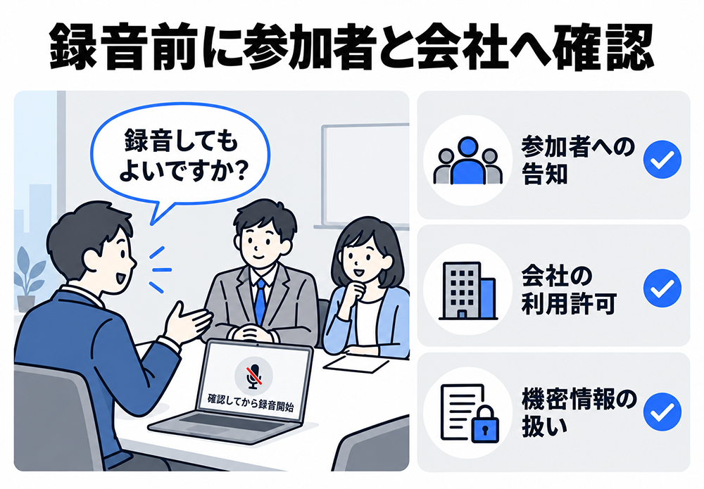 会議の録音前に参加者へ録音の可否を尋ねる場面。参加者への告知、会社の利用許可、機密情報の扱いを確認してから録音を開始する。
