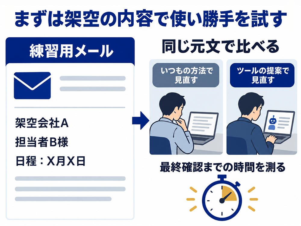 架空の会社名・担当者名・日程を使った練習用メールで文賢を試す。同じ元文を普段の方法とツールの提案でそれぞれ見直し、最終確認までの時間を比べる。