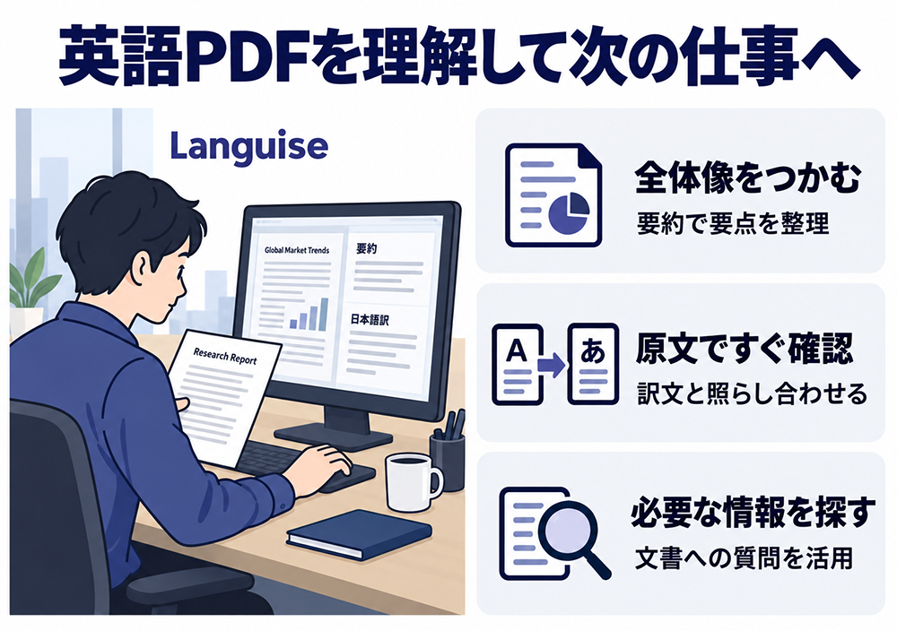 Languiseで英語PDFを読む仕事の場面。要約で全体像をつかみ、訳文と原文を照らし合わせ、文書への質問で必要な情報を探して次の仕事につなげる。